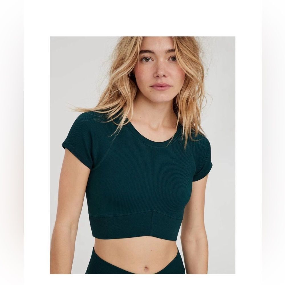 Aerie OFFLINE Green Ribbed Fitted Crop Top Short Sleeve Sz L